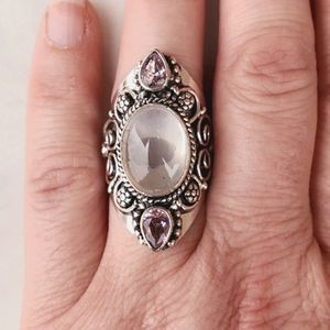 New Rose Quartz and Kunzite 925 Silver Statement Ring.